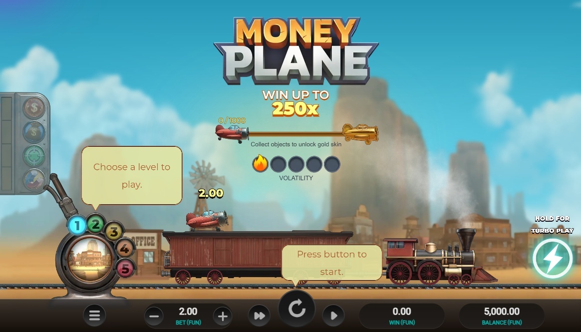 Money Plane crash game showing a train, level selector, bet controls, and up to 250x win multiplier